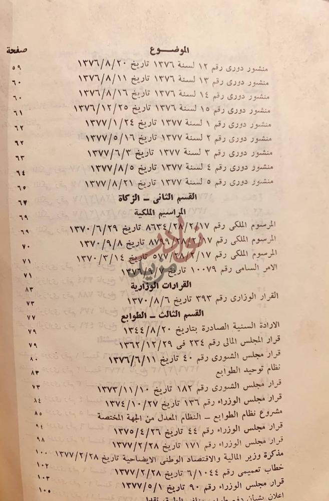 فهرس كتاب المجموعة السعودية لانظمة الزكاة والضرائب والطوابع