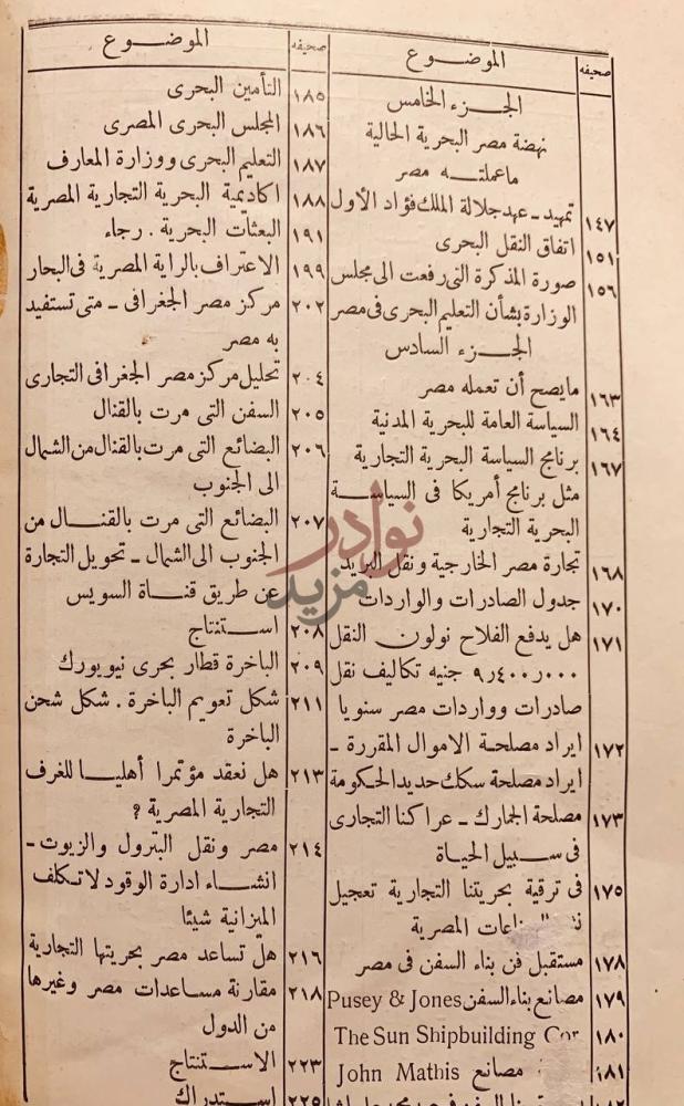 فهرس كتاب مصر والملاحة جزء من فهرس