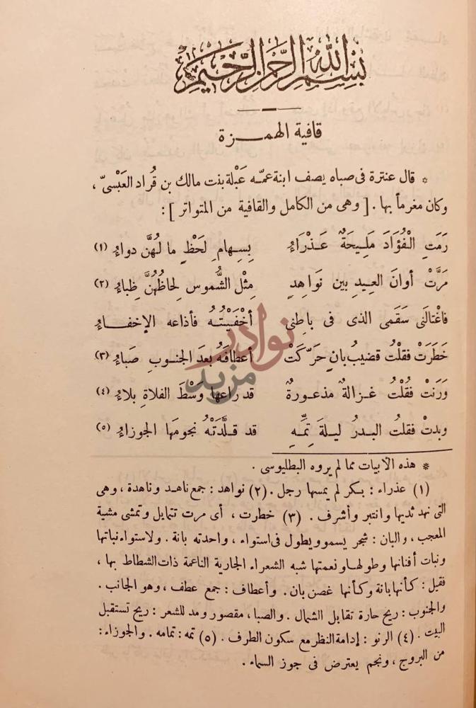 صفحة داخلية كتاب شرح ديوان عنترة بن شداد قافية الهمزة