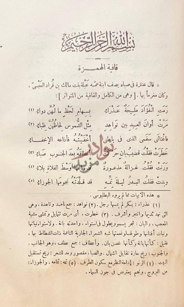صفحة داخلية كتاب شرح ديوان عنترة بن شداد قافية الهمزة