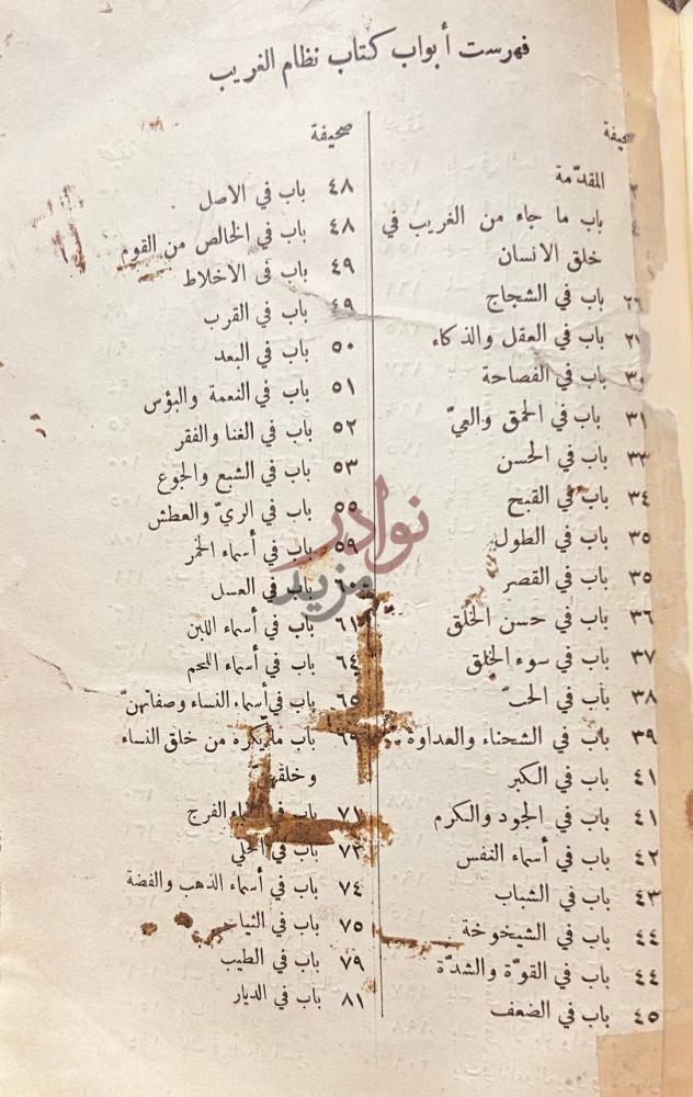 فهرس كتاب نظام الغريب فهرست أبواب كتاب