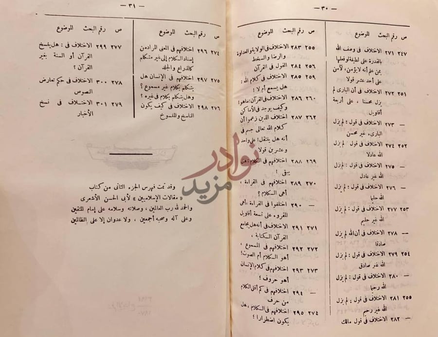 فهرس كتاب مقالات الاسلاميين واختلاف المصلين