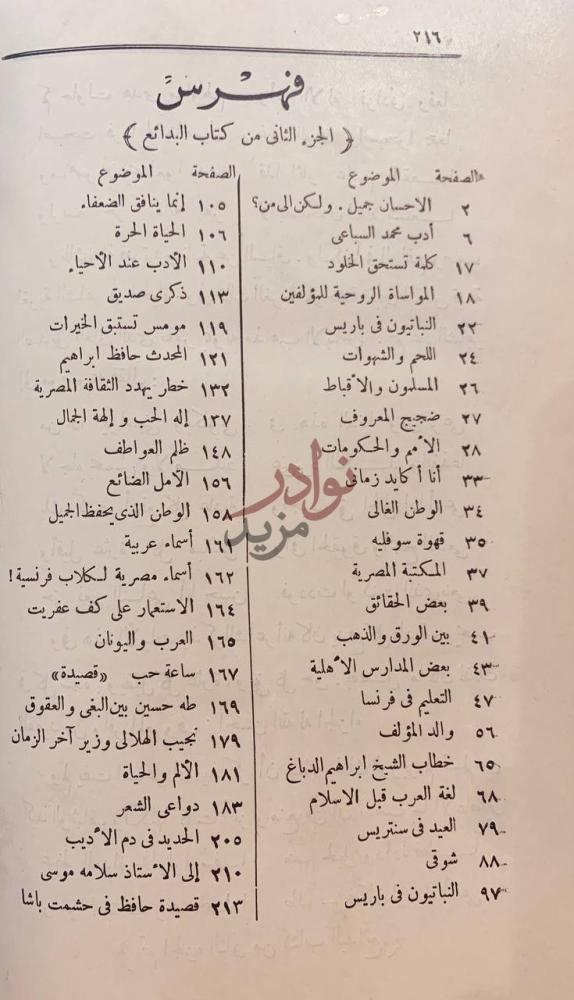 فهرس كتاب البدائع صور وجدانية وادبية واجتماعية
