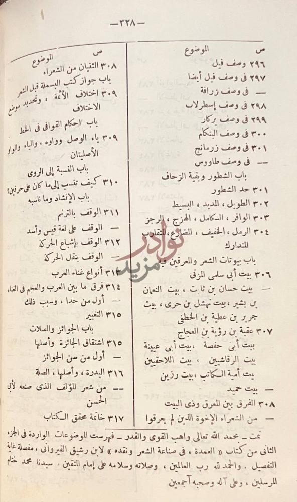 فهرس كتاب العمدة في محاسن الشعر وادابه ونقده