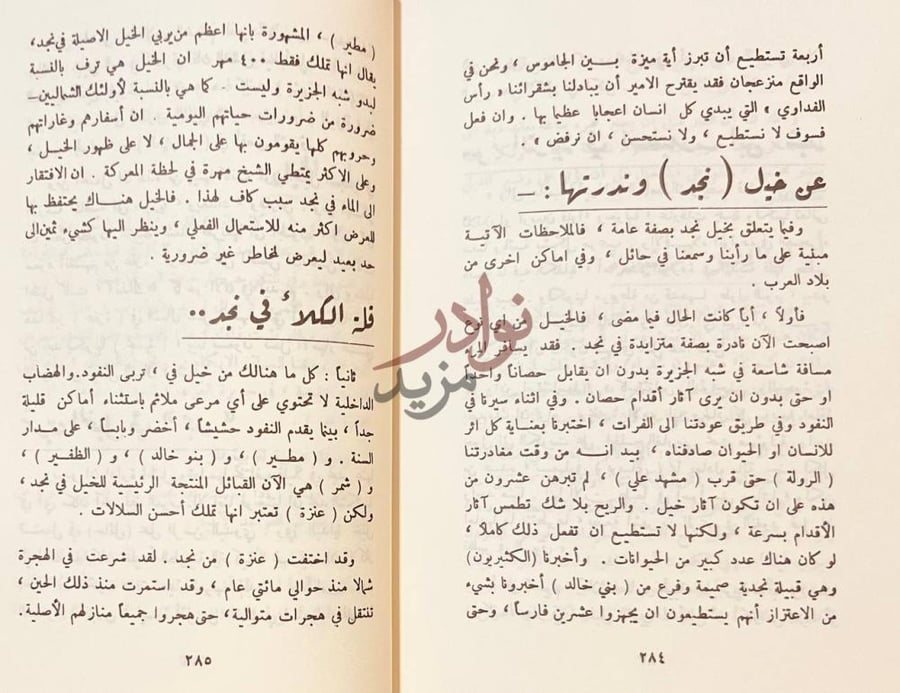 صفحة داخلية كتاب رحلة الى بلاد نجد عن خيل نجد وندرتها