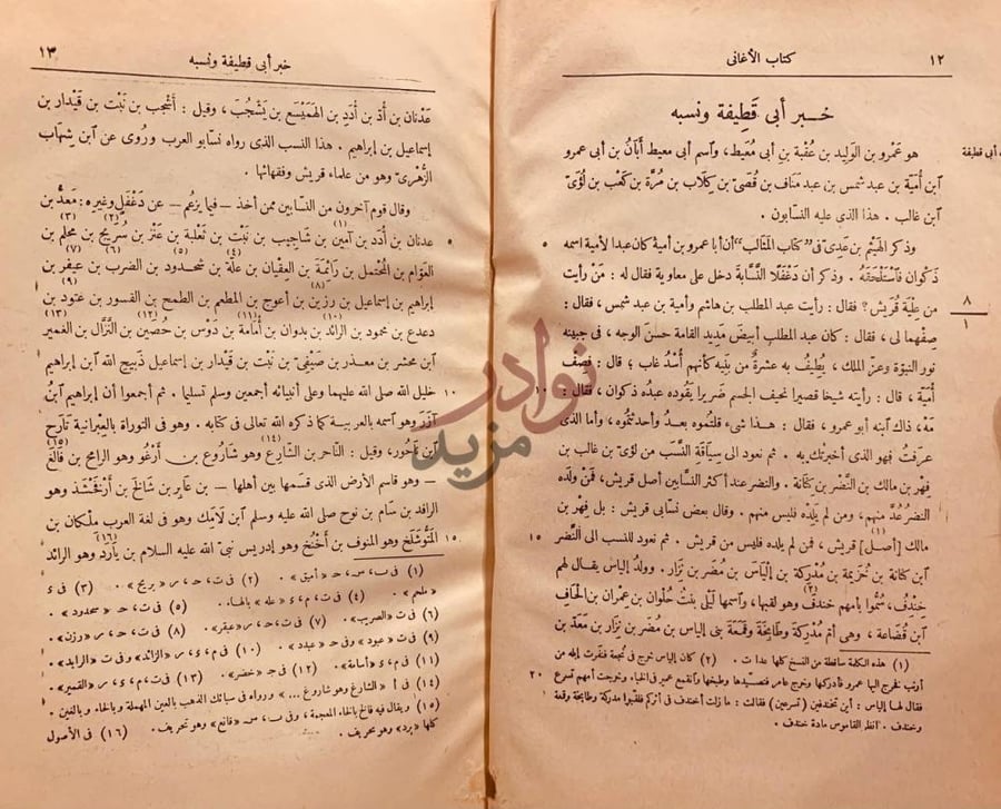 صفحة داخلية كتاب الاغاني خبر أبي ق طيفة ونسبه