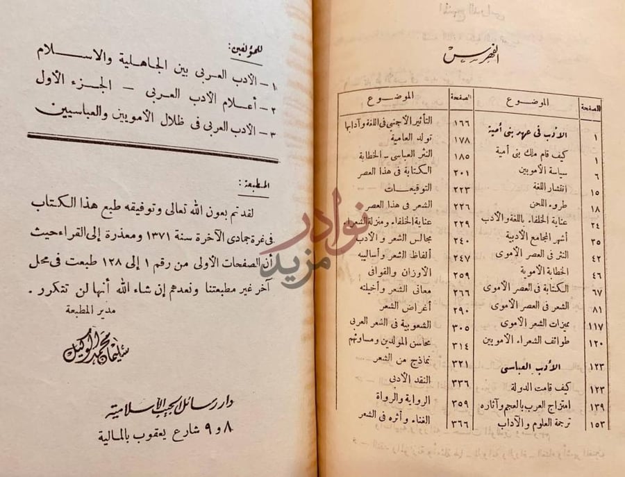 فهرس كتاب الادب العربي في ظلال الامويين والعباسيين فهرس