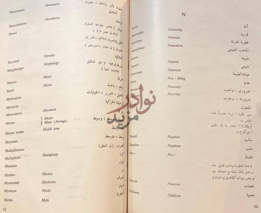 صفحة داخلية كتاب مصطلحات الفلسفة باللغات الفرنسية والانجليزية