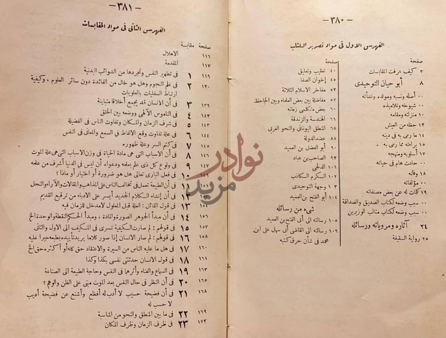 كشاف كتاب المقابسات الفهرس الأول في مواد