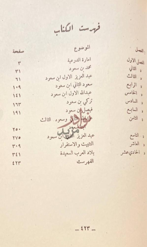 فهرس كتاب تاريخ نجد ودعوة الشيخ محمد بن عبد الوهاب
