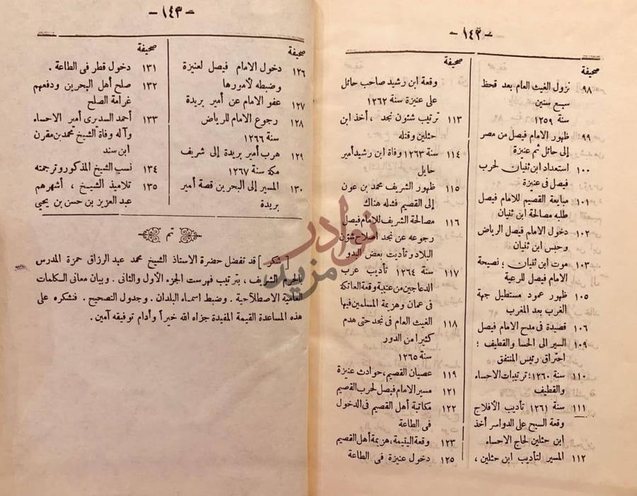 فهرس كتاب عنوان المجد في تاريخ نجد استمرار الفهرس تغطي