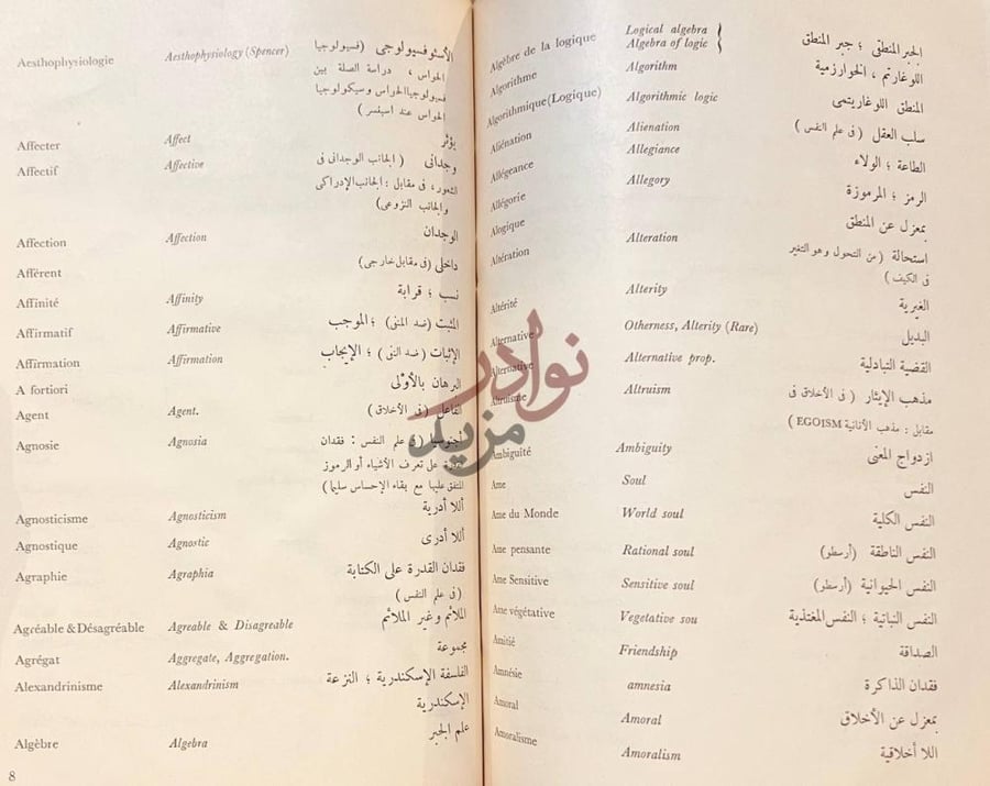 صفحة داخلية كتاب مصطلحات الفلسفة باللغات الفرنسية والانجليزية