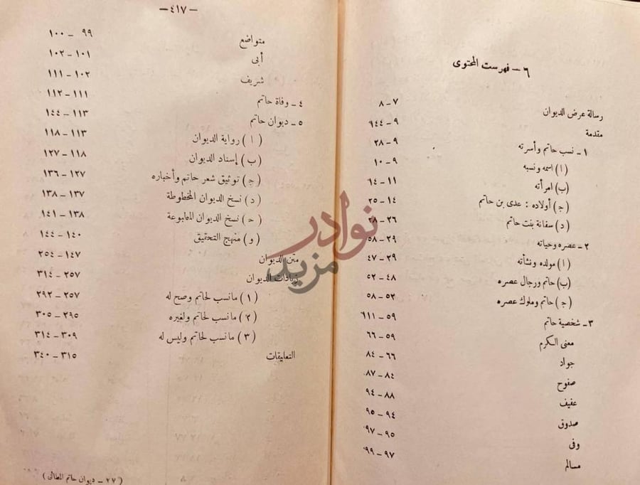 فهرس كتاب ديوان شعر حاتم بن عبدالله الطائي واخباره