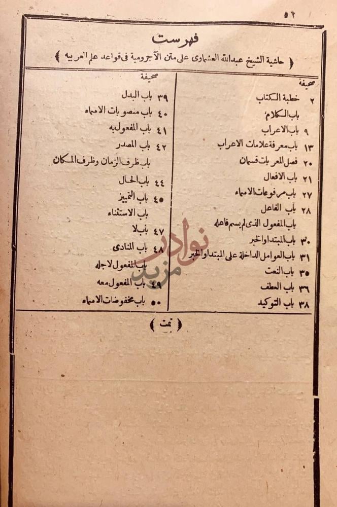 فهرس كتاب حاشية عبدالله العشماوي على متن الاجرومية في قواعد