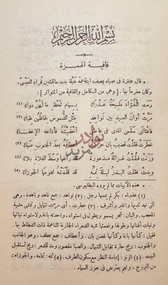 صفحة داخلية كتاب شرح ديوان عنترة بن شداد قافية الهمزة