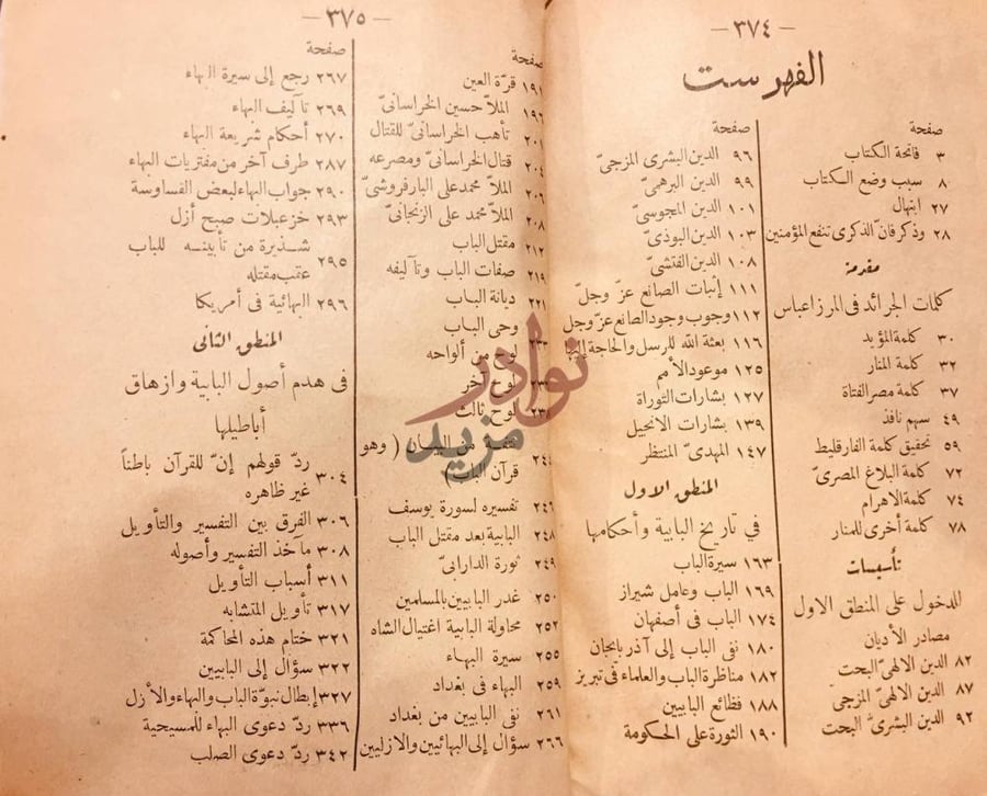 فهرس كتاب الحراب في صدر البهاء والباب الفهرست