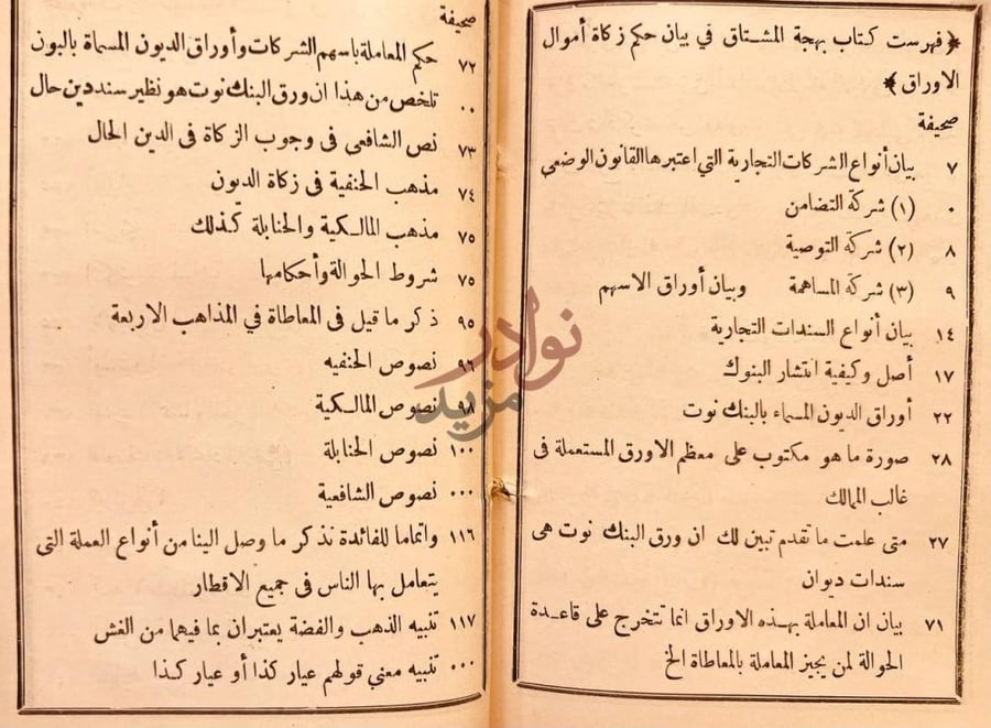 فهرس كتاب بهجة المشتاق في بيان زكاة أموال الاوراق فهرست