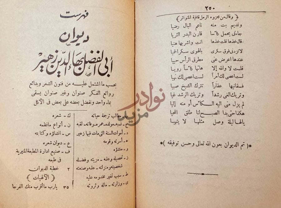 كشاف كتاب ديوان ابي الفضل بهاء الدين زهير فهرست ديوان أبي