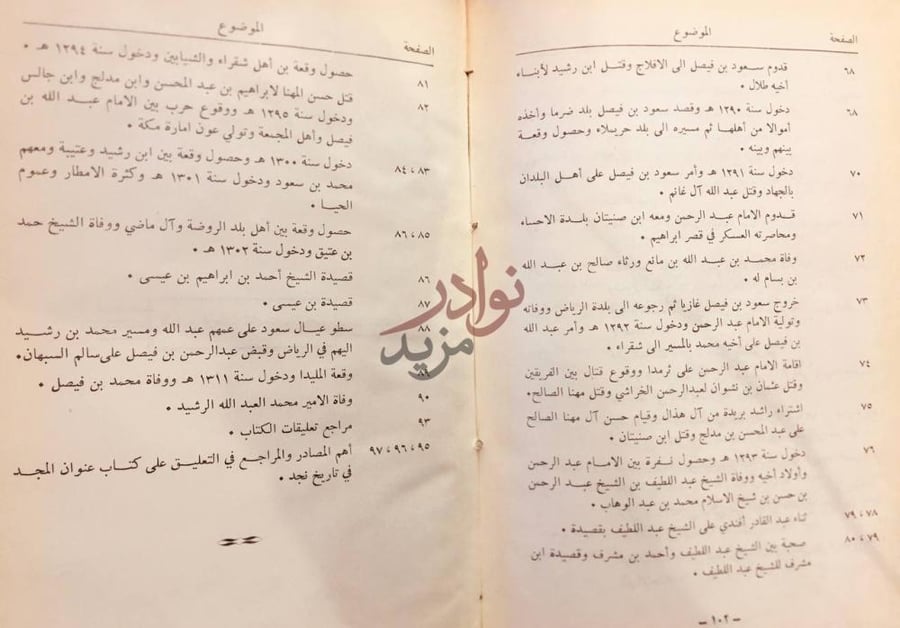 فهرس كتاب عقد الدرر فيما وقع في نجد من الحوادث في اخر القرن