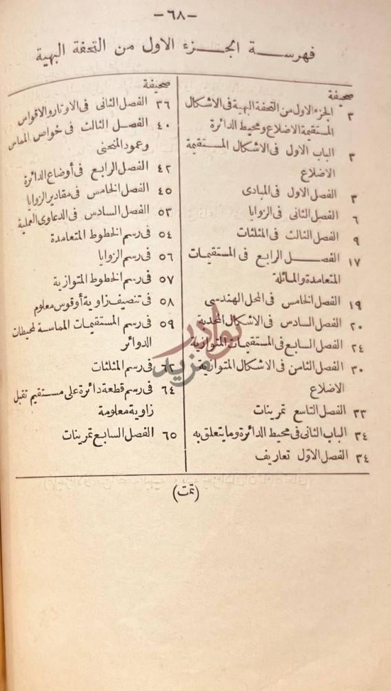 فهرس كتاب التحفة البهية في الاصول الهندسية
