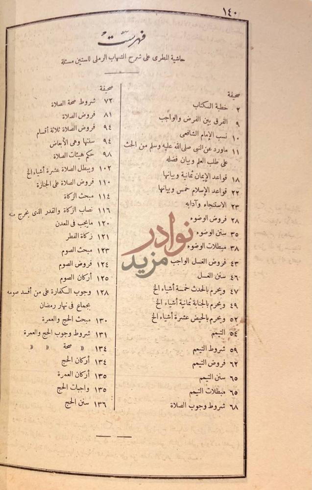 فهرس كتاب حاشية عبد الكريم المطرى الدمياطى على شرح الشهاب