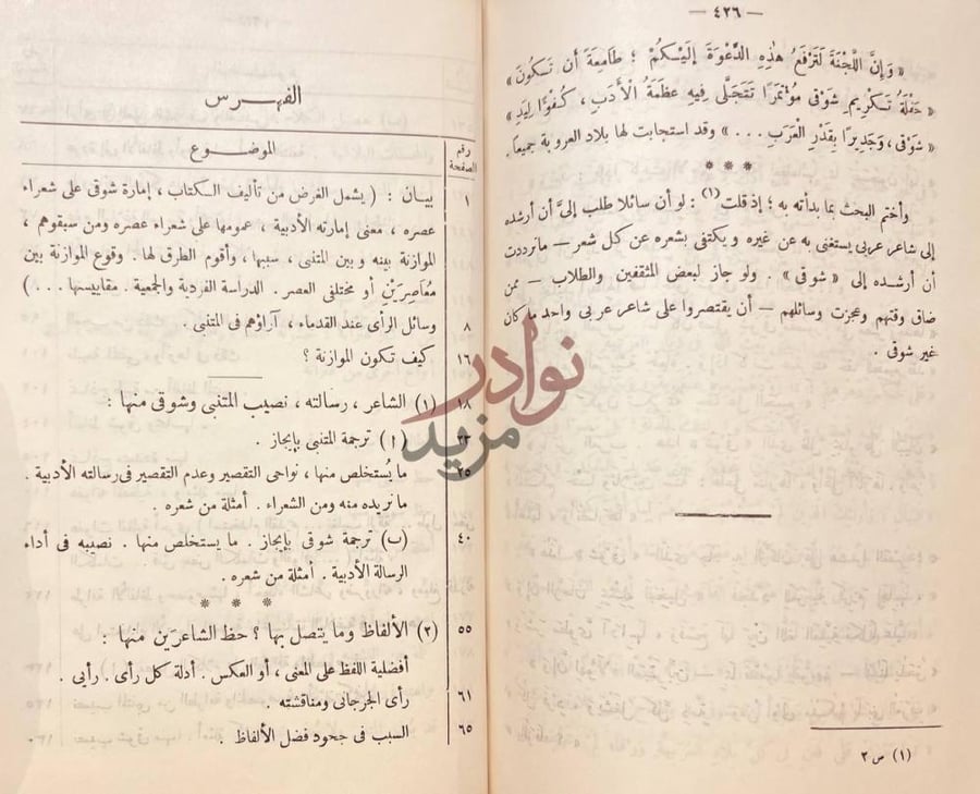 فهرس كتاب المتنبي وشوقي دراسة ونقد وموازنة الفهرس