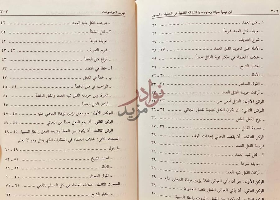 فهرس كتاب اختيارات شيخ الاسلام في الجنايات وأحكامها