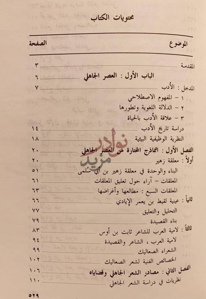 فهرس كتاب في الادب العربي القديم محتويات الكتاب