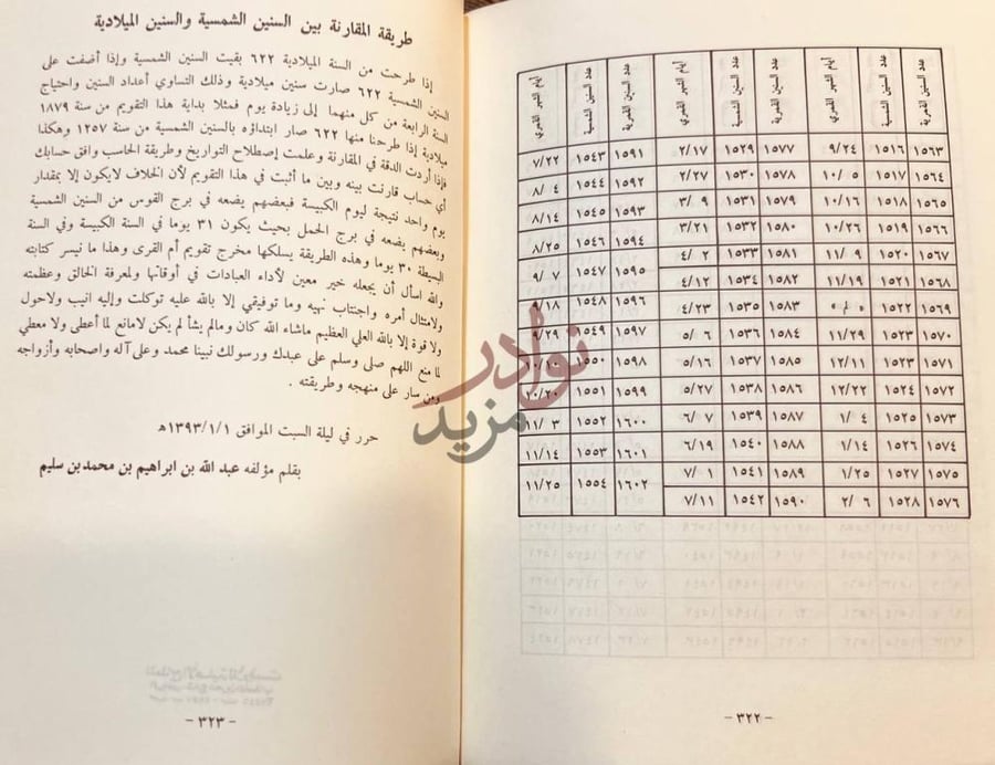 صفحة داخلية كتاب تقويم الاوقات بالتاريخين الهجري والميلادي