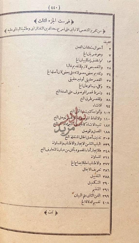 فهرس كتاب تقرير الانبابي على شرح التفتازانى لتلخيص المفتاح
