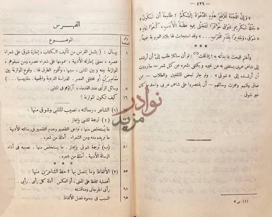 فهرس كتاب المتنبي وشوقي دراسة ونقد وموازنة الفهرس