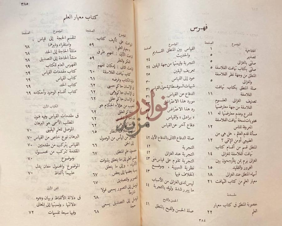 فهرس كتاب منطق تهافت الفلاسفة المسمى معيار العلم فهرس