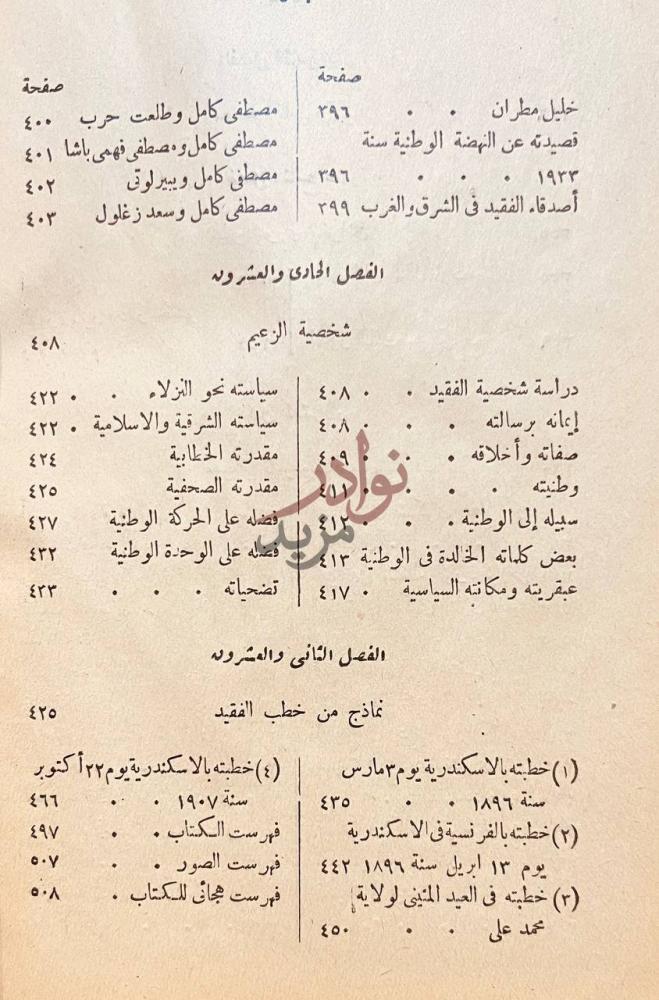 فهرس كتاب مصطفى كامل باعث الحركة الوطنية الفصل الحادى