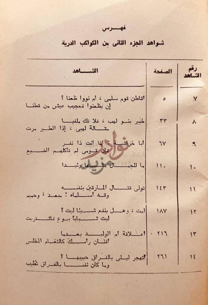 فهرس كتاب الكواكب الدرية في الشواهد النحوية