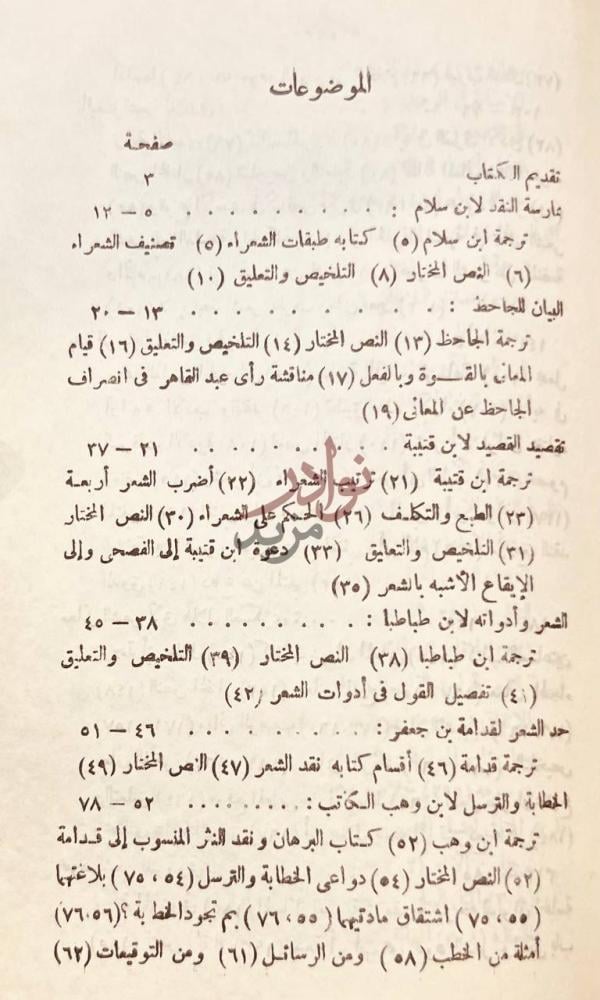 فهرس كتاب نصوص نقدية لاعلام النقاد العرب الموضوعات