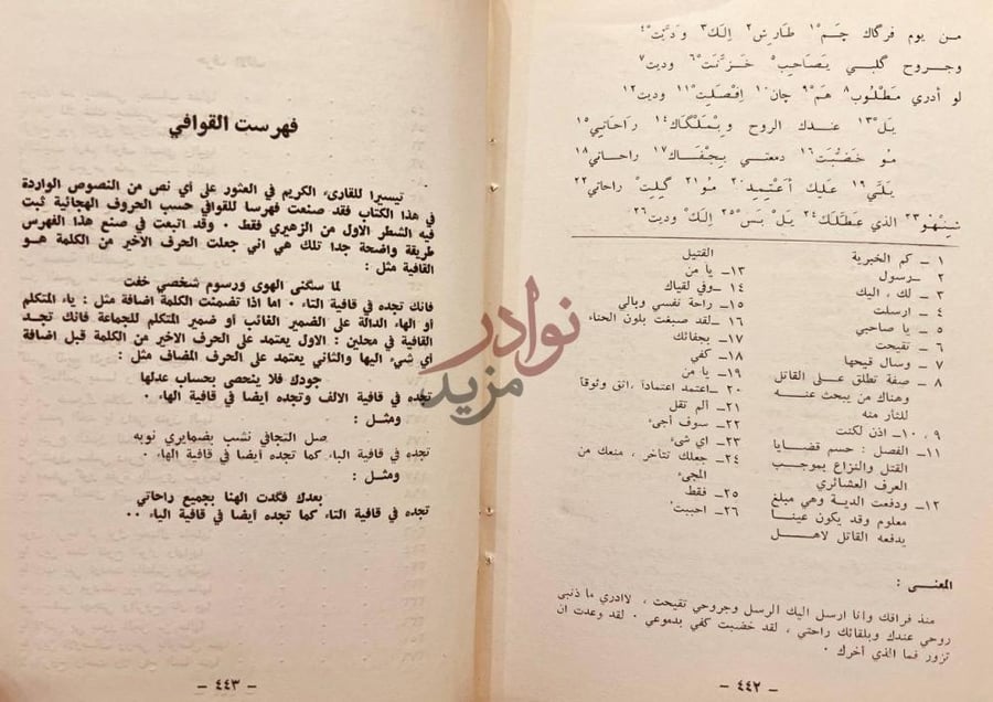 صفحة داخلية كتاب موالات بغدادية فهرست القوافي