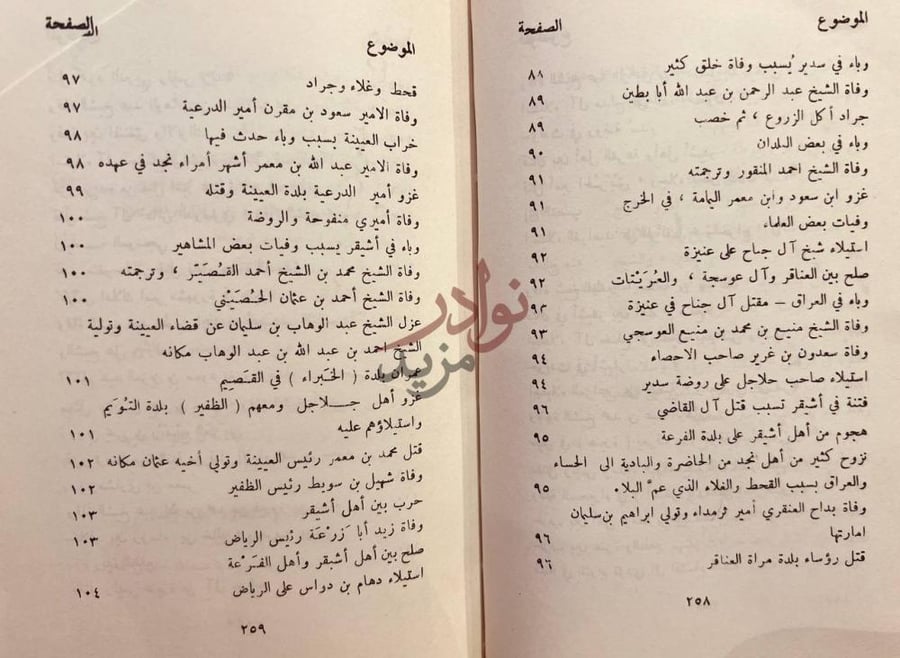فهرس كتاب تاريخ بعض الحوادث الواقعة في نجد ووفيات بعض الاعيان