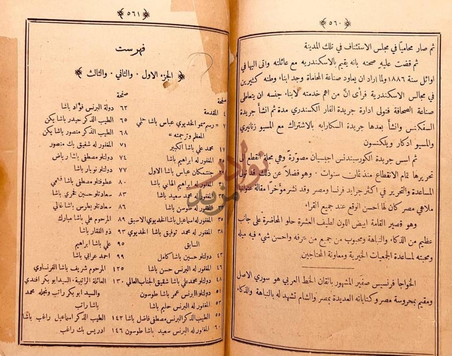 فهرس كتاب مرآة العصر في تاريخ ورسوم اكابر الرجال بمصر