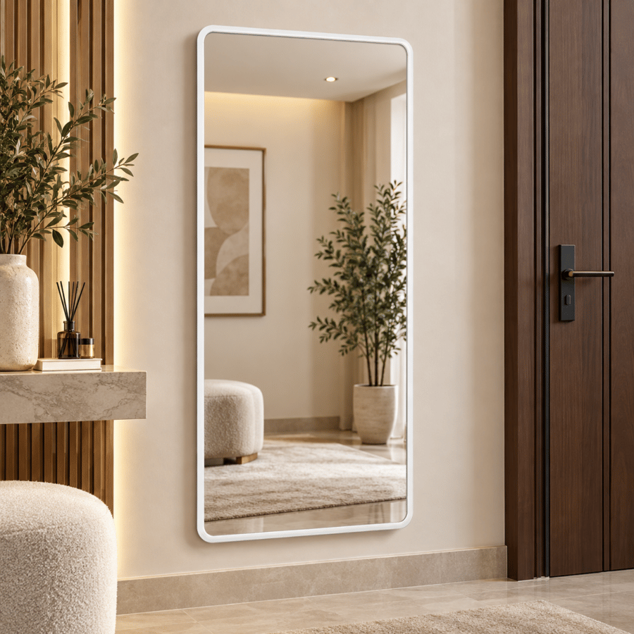 مرآة حائط مودرن بإطار أبيض مقاس ٦٠ × ١٢٠ سم