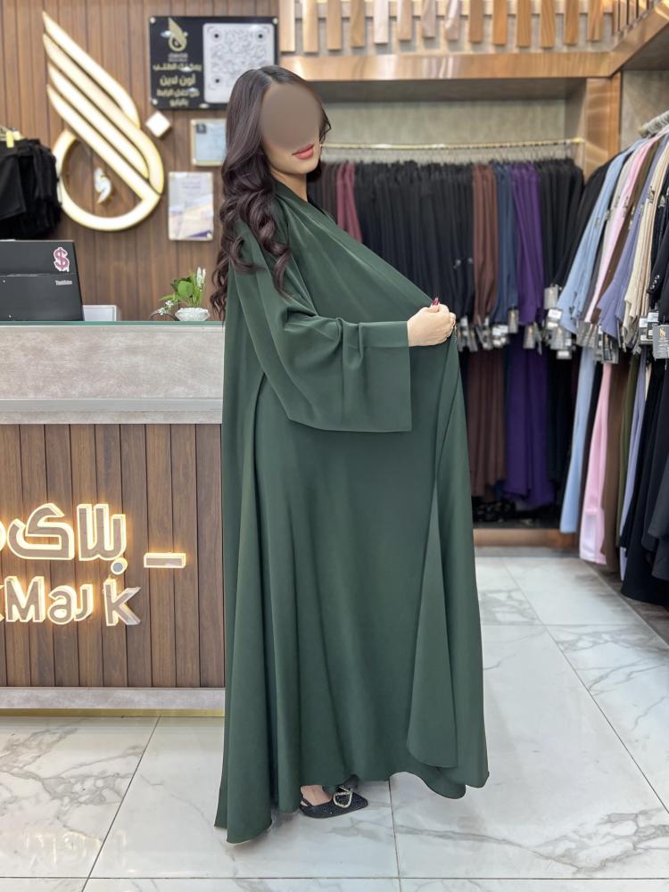 00285 عباية دبل كلوش ساده بقماش كريب كوري لون زيتي