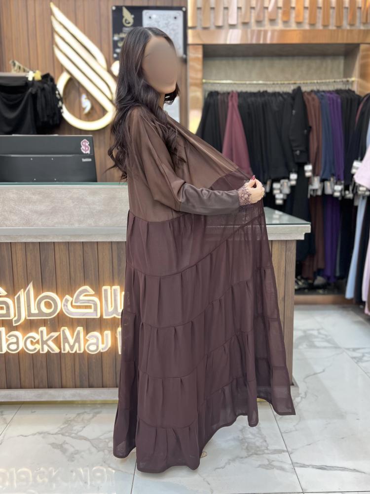 B410 عبايه جودي قصه دبل كلوش طبقات كسرات لون بني