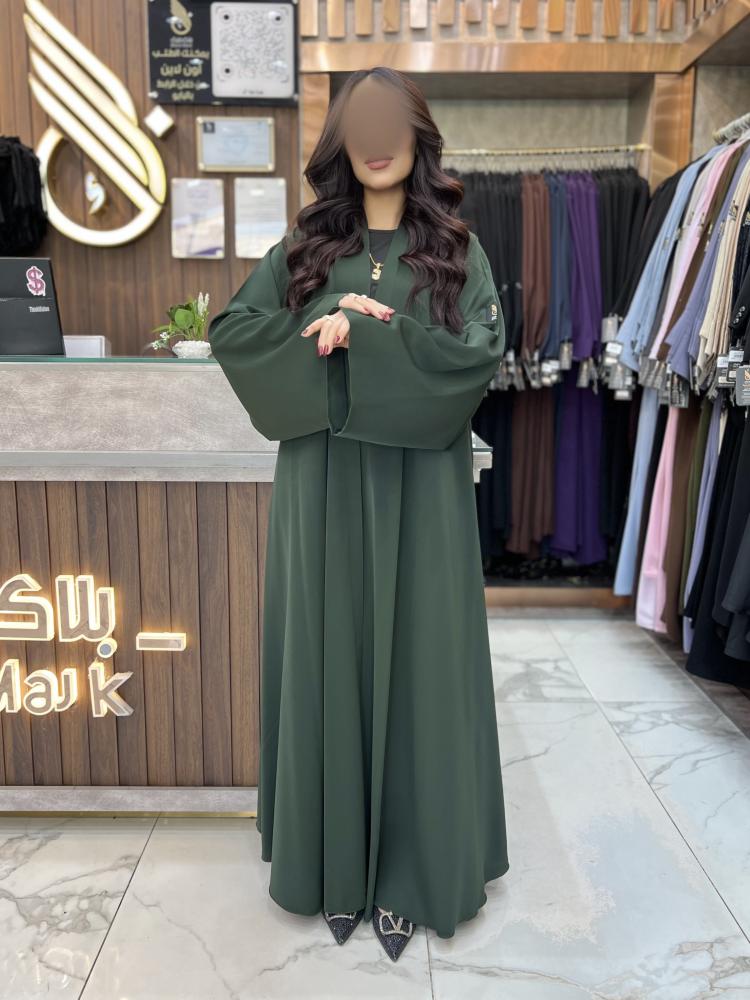 00285 عباية دبل كلوش ساده بقماش كريب كوري لون زيتي