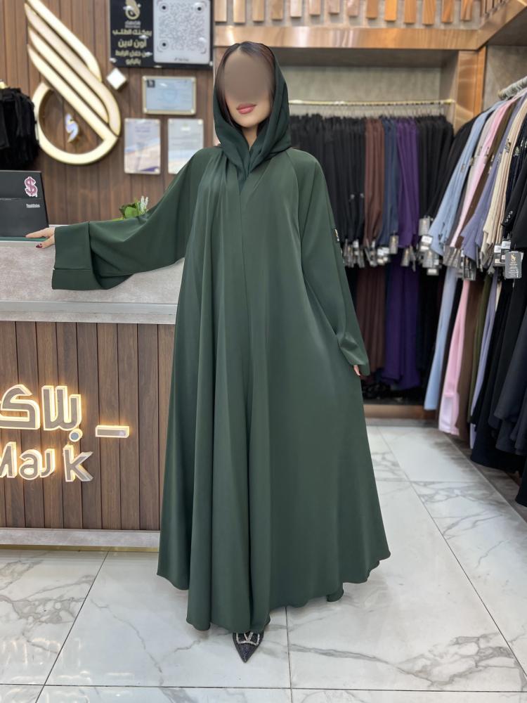 00285 عباية دبل كلوش ساده بقماش كريب كوري لون زيتي