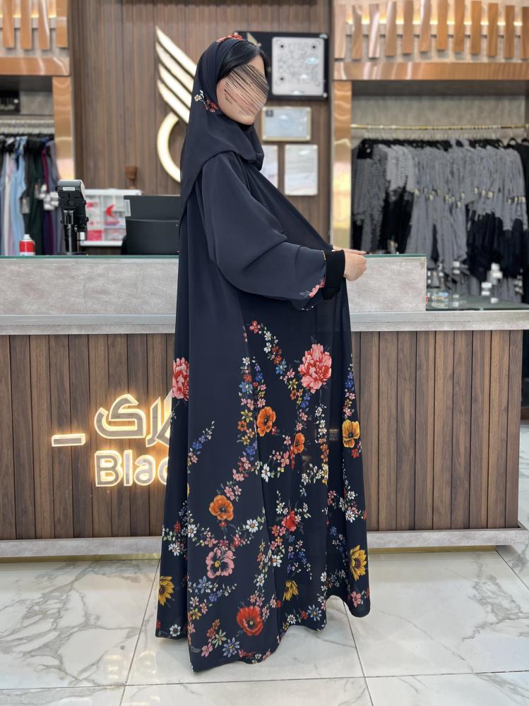 B313 عبايه  شيماء قصه كلوش دبل فيس بقماش شيفون مشجر مع بطانه لون اسود