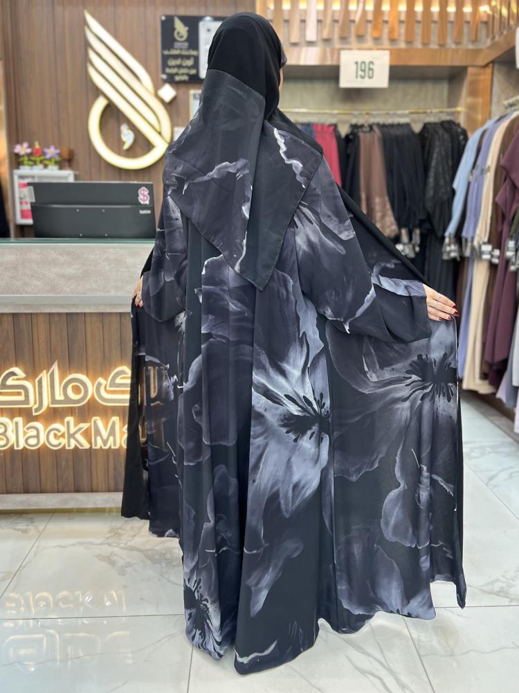 B397 عبايه دانيا دبل فيس قصه كلوش مع بطانه اسود بقماش شيفون طباعه ليزر