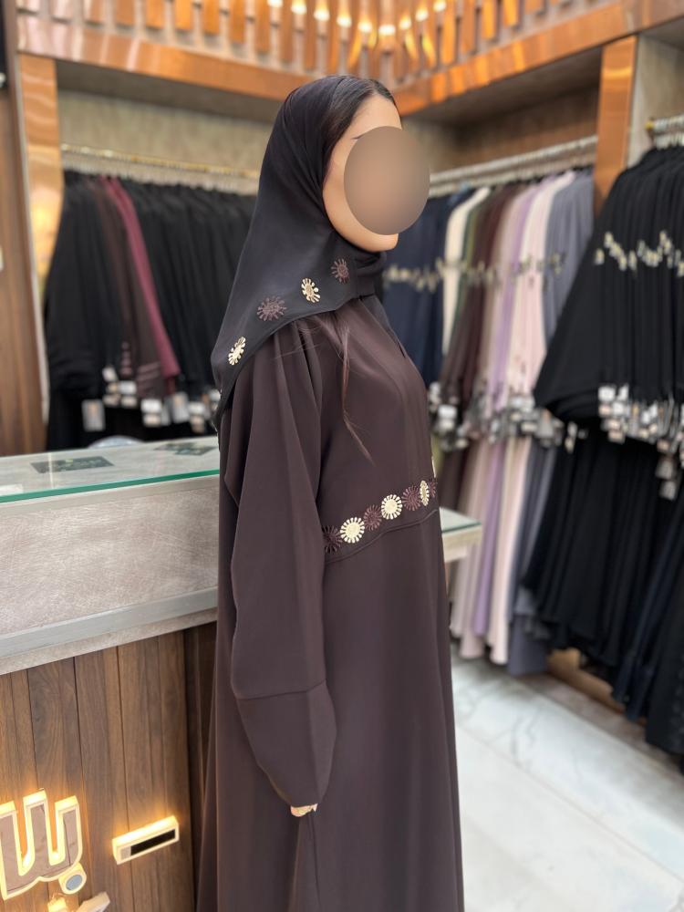 B458 عباية جيهان بني نص كلوش قماش كوبرا بتطريز
