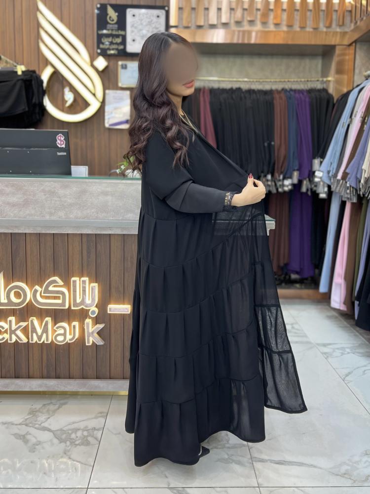 B411 عبايه جودي قصه دبل كلوش طبقات كسرات لون اسود
