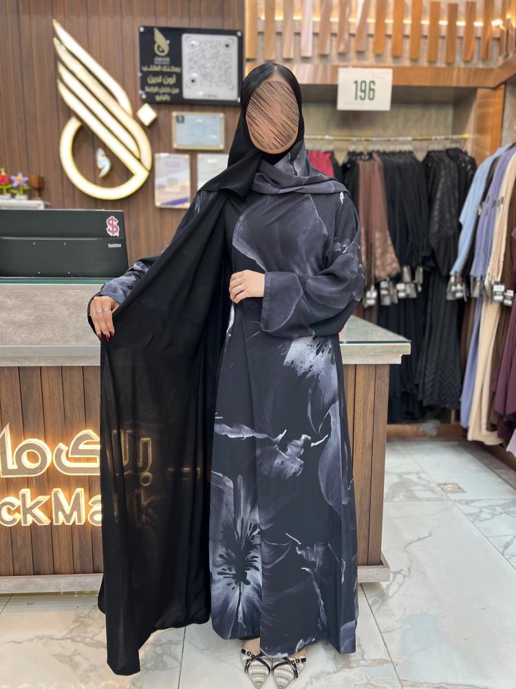 B397 عبايه دانيا دبل فيس قصه كلوش مع بطانه اسود بقماش شيفون طباعه ليزر