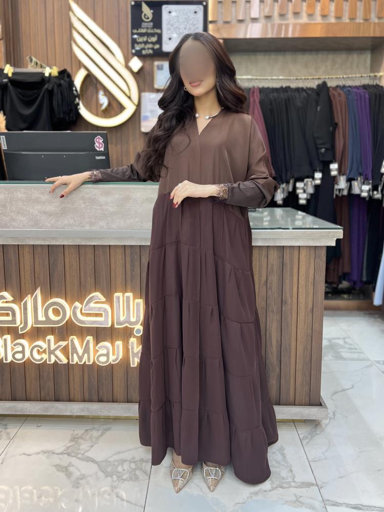 B410 عبايه جودي قصه دبل كلوش طبقات كسرات لون بني