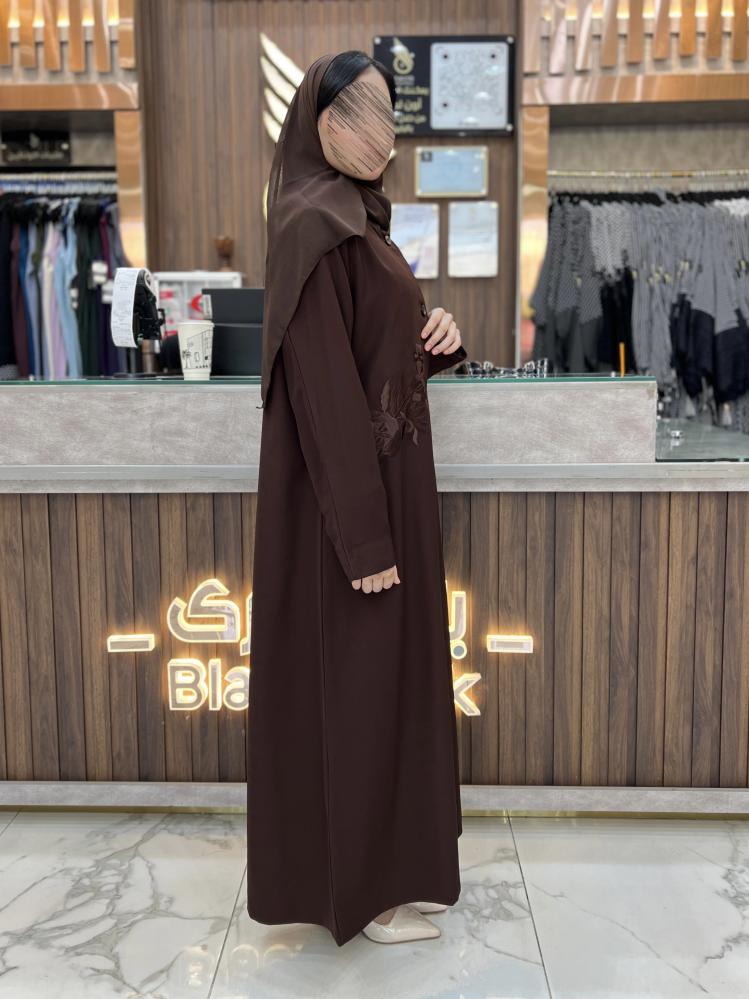 B322 عبايه اصايل بليزر رسمي تطريز بقماش كريب لون بني